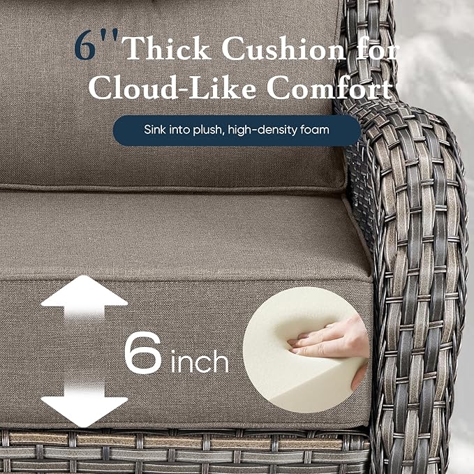 Belord Luxury 6" Thick Cushioned 7 Pieces Patio Furniture Set with Outdoor Couch, Wicker Outdoor Conversation Set with High Back Swivel Rocker Chairs for Deck Porch Yard and Poolside - Grey+Grey