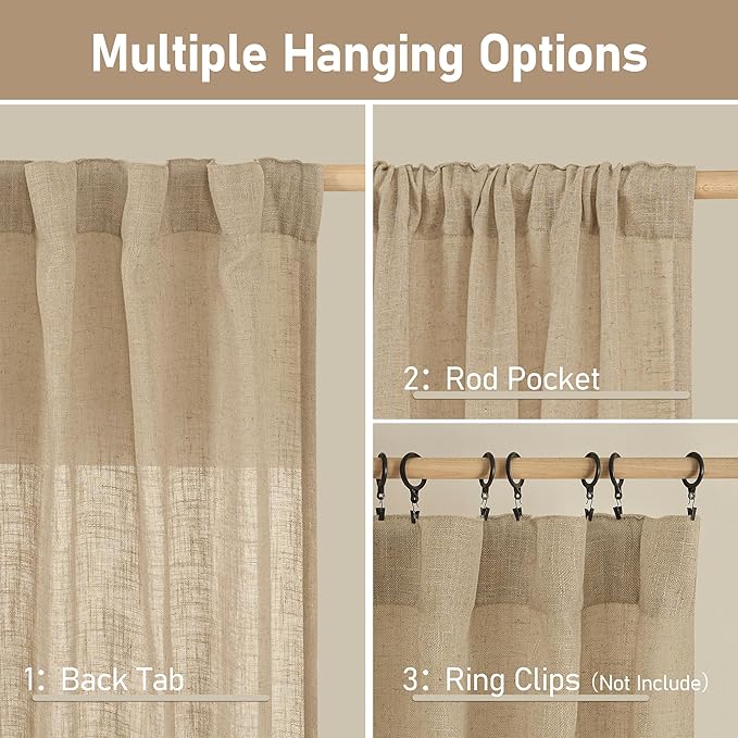 LAMIT 102 Inch Length Light Filtering Sheer Linen Curtains, Linen Textured Semi Sheer Back Tab and Rod Pocket Natural Boho Drapes for Living Room/Farmhouse, 2 Panels, Brown, 52 x 102 Inch