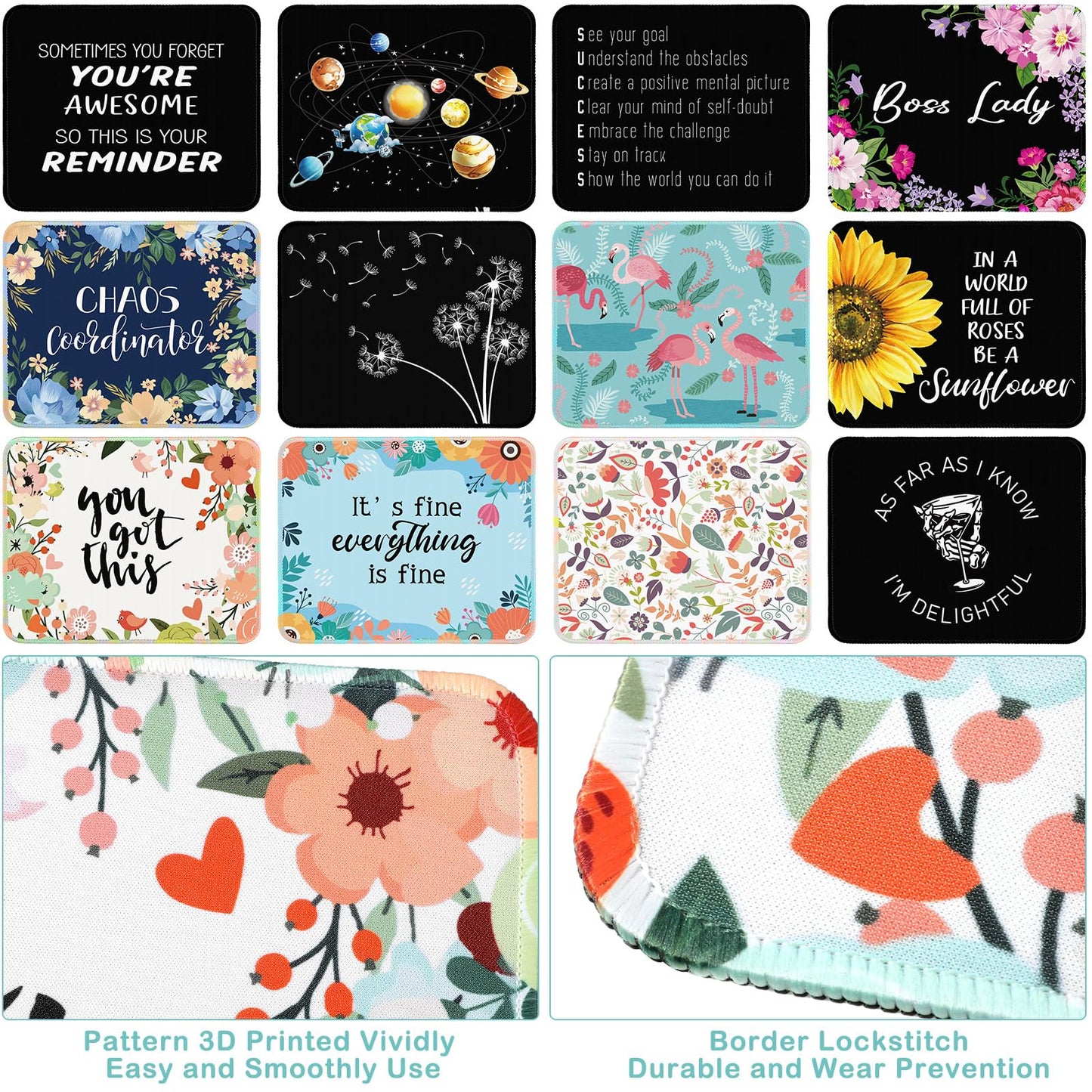 Kanayu 12 Pcs Inspirational Mouse Pad Bulk Fun Floral Mouse Pad with Motivational Quotes Square Non Slip Rubber Mousepad for Desk Office Home Laptop Computer