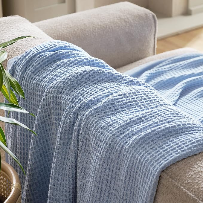 Bedsure 100% Cotton Blanket Queen Size for Bed - Breathable and Soft, Waffle Weave Blanket for Summer Spring, Sky Blue, 90x90 Inches
