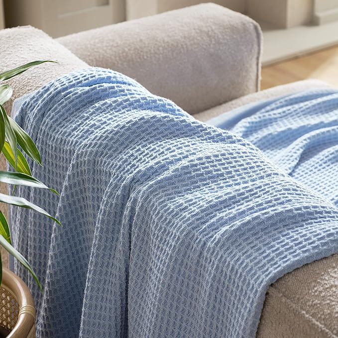 Bedsure 100% Cotton Blanket King Size for Bed - Breathable and Soft, Waffle Weave Blanket for Summer Spring, Sky Blue, 104x90 inches