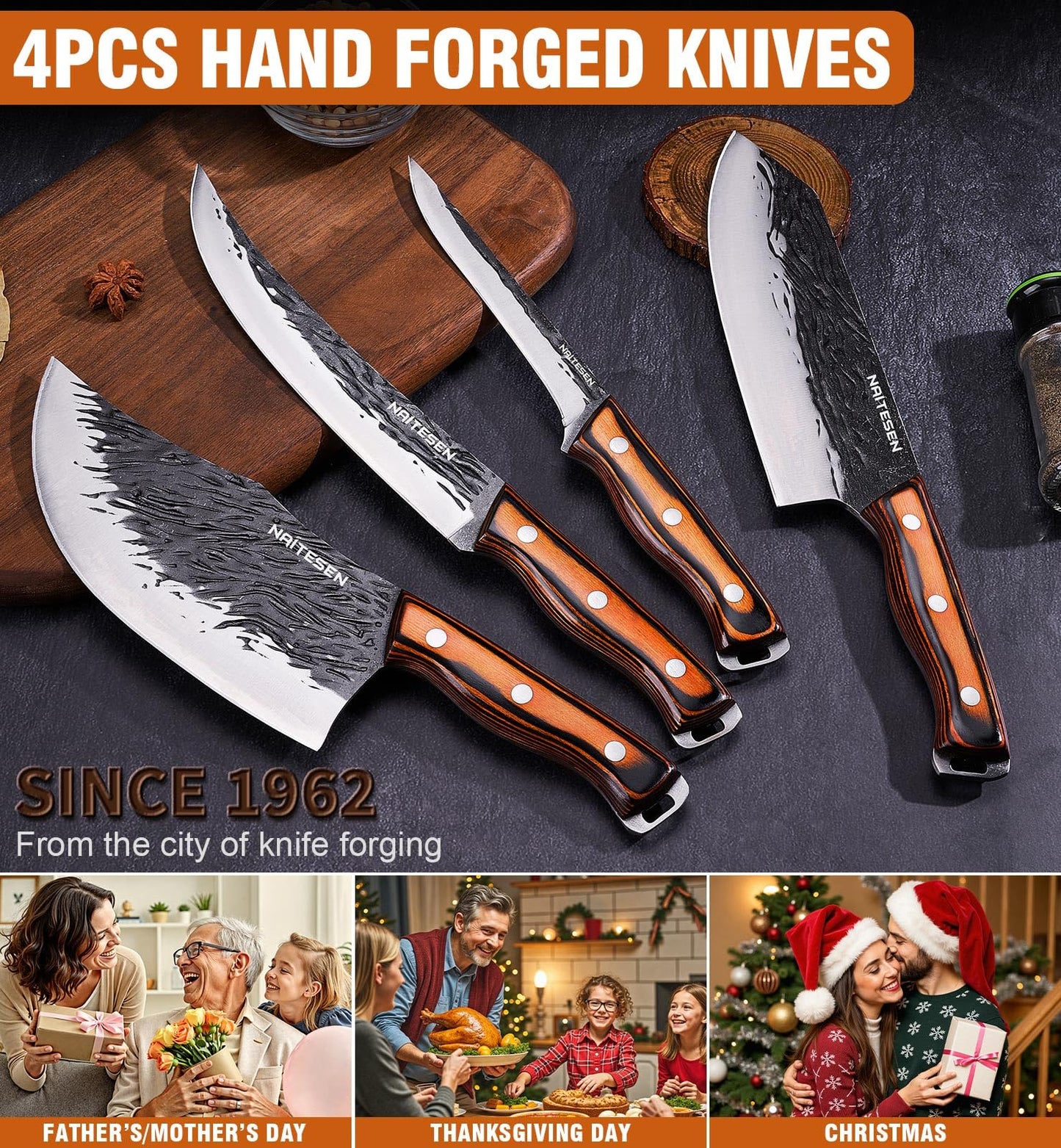 Naitesen 4PCS Hand Forged Butcher Knife and Kitchen Knife 2 in 1 Set, Heavy Duty Meat Cleaver Serbian Chef Knife Breaking Knife Boning Knife for Meat Cutting BBQ Gifts for Men Women