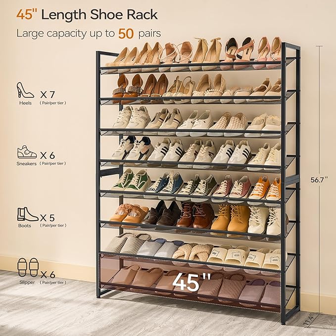 Shoe Rack, Large Metal Shoe Organizer,Max Holds 50 Pairs,8 Tier Shoe Storage Shelf for Garage,Closet,Entryway, Black