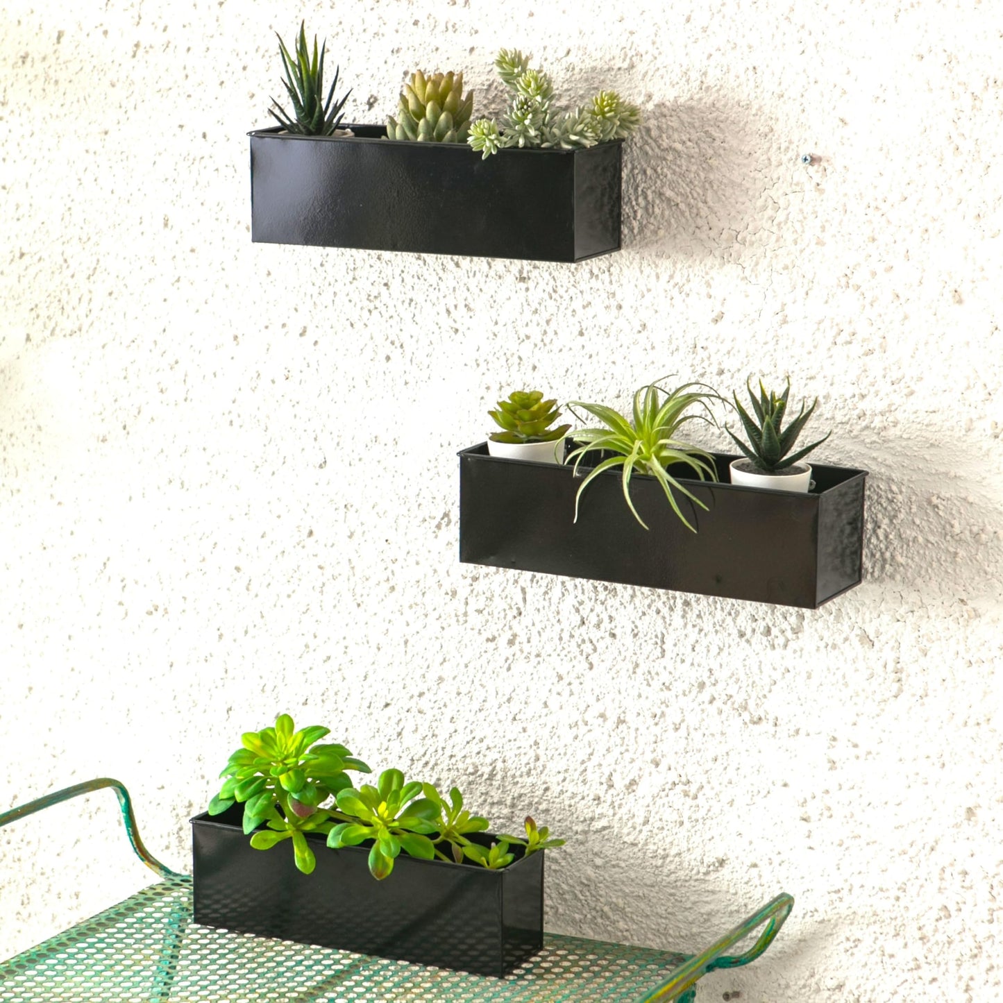 LaLaGreen Wall Planter Indoor Plants - 3 Pack, 14 Inch Large Wall Mount Planters for Succulent Black, Rectangular Metal Hanging Flower Pot, Long Window Sill Plant Box Fence Railings Floating Shelve