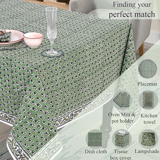Ridhi Hand Block Print Basil Green Rectangle Cotton Tablecloth 108" x 60" Reusable Table Cover Decorative Everyday Use for Dining, Farmhouse, Home Gift for Spring, Easter, Valentine