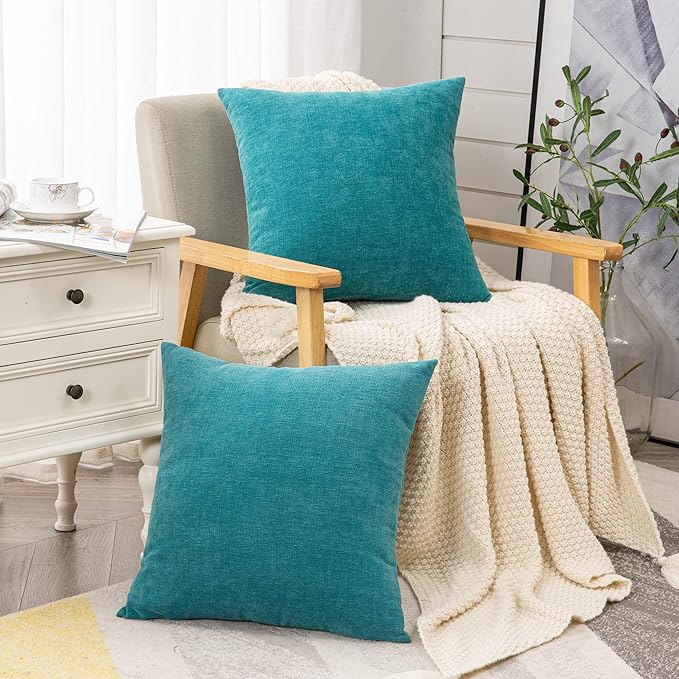 GAWAMAY Decorative Square 16x16 Inch Throw Pillow Covers Set of 2, Super Soft Chenille Pillows Farmhouse Fall Pillowcase for Living Room Bedroom Sofa Couch Cushion Cover Teal 40x40cm (No Insert)
