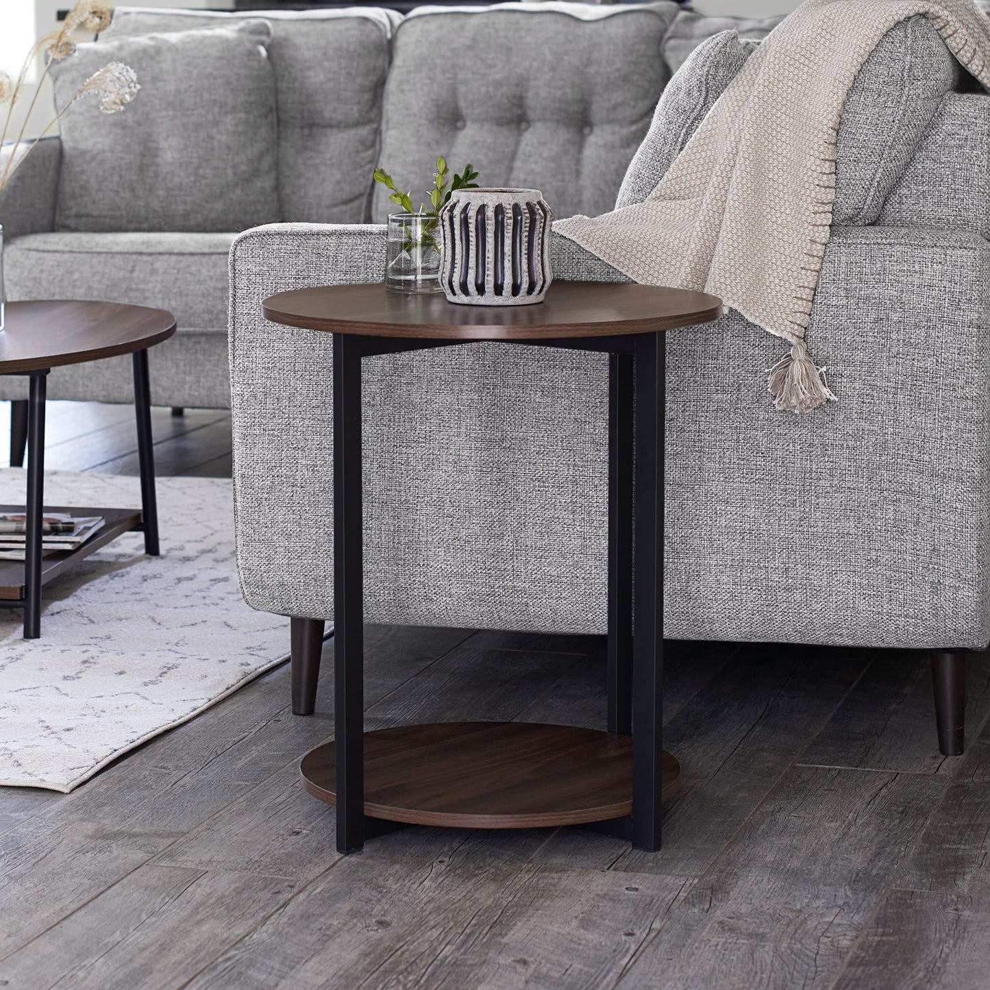 Household Essentials Jamestown Round Side End Table with Storage Shelf Mid Century Walnut Wood Grain and Black Metal