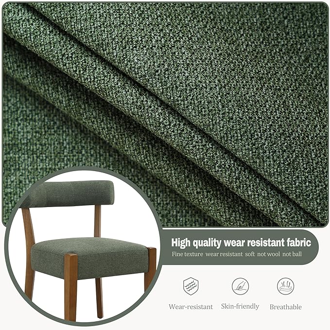 Modern Green Dining Chairs Set of 2, Walnut Upholstered Kitchen & Dining Room Chairs, Mid Century Modern Wooden Dining Chairs Oversized Sturdy Fabric Rounded Chairs Curved Back