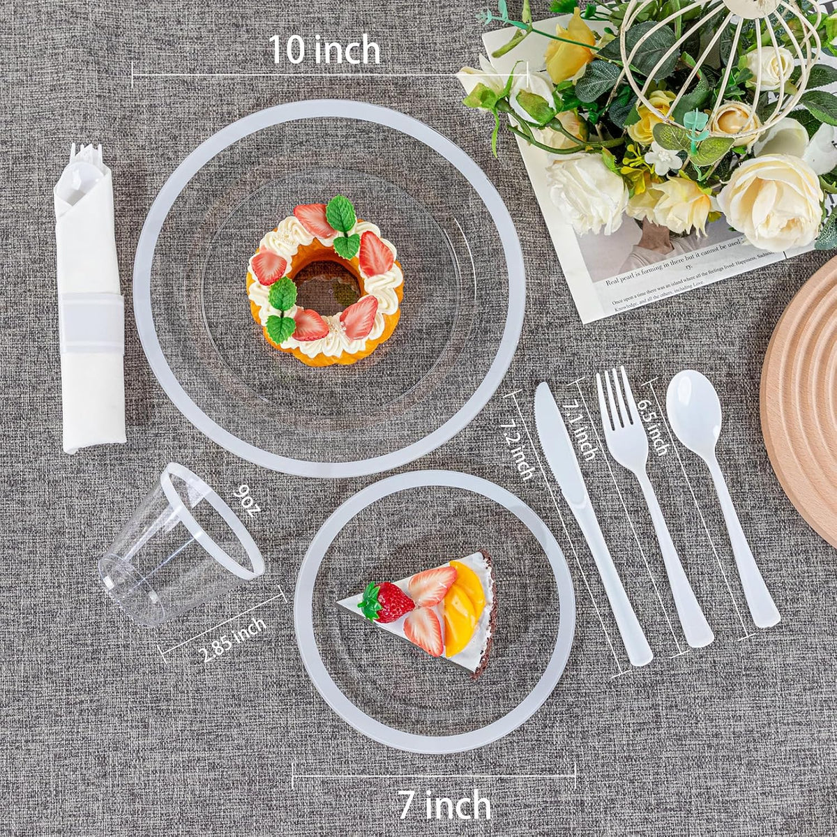 I00000 210 Pcs Clear White Plates for 30 Guests, White Dinnerware Include 60 Plates, 30 Cups, 30 Pre Rolled Napkins with Cutlery Set for Party and Wedding
