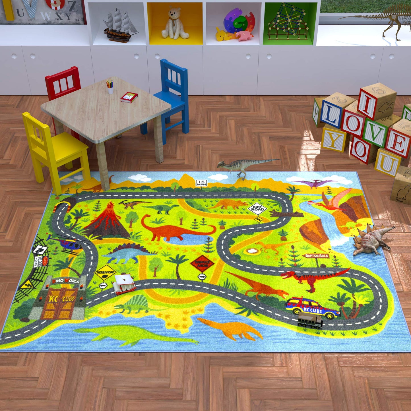 KC Cubs: Educational Rug: Dinosaur World Safari Road Map - 8x10' Playmat - Interactive Play, Activity Area Carpet, Bedroom-Classroom, Baby-Toddler-Kid