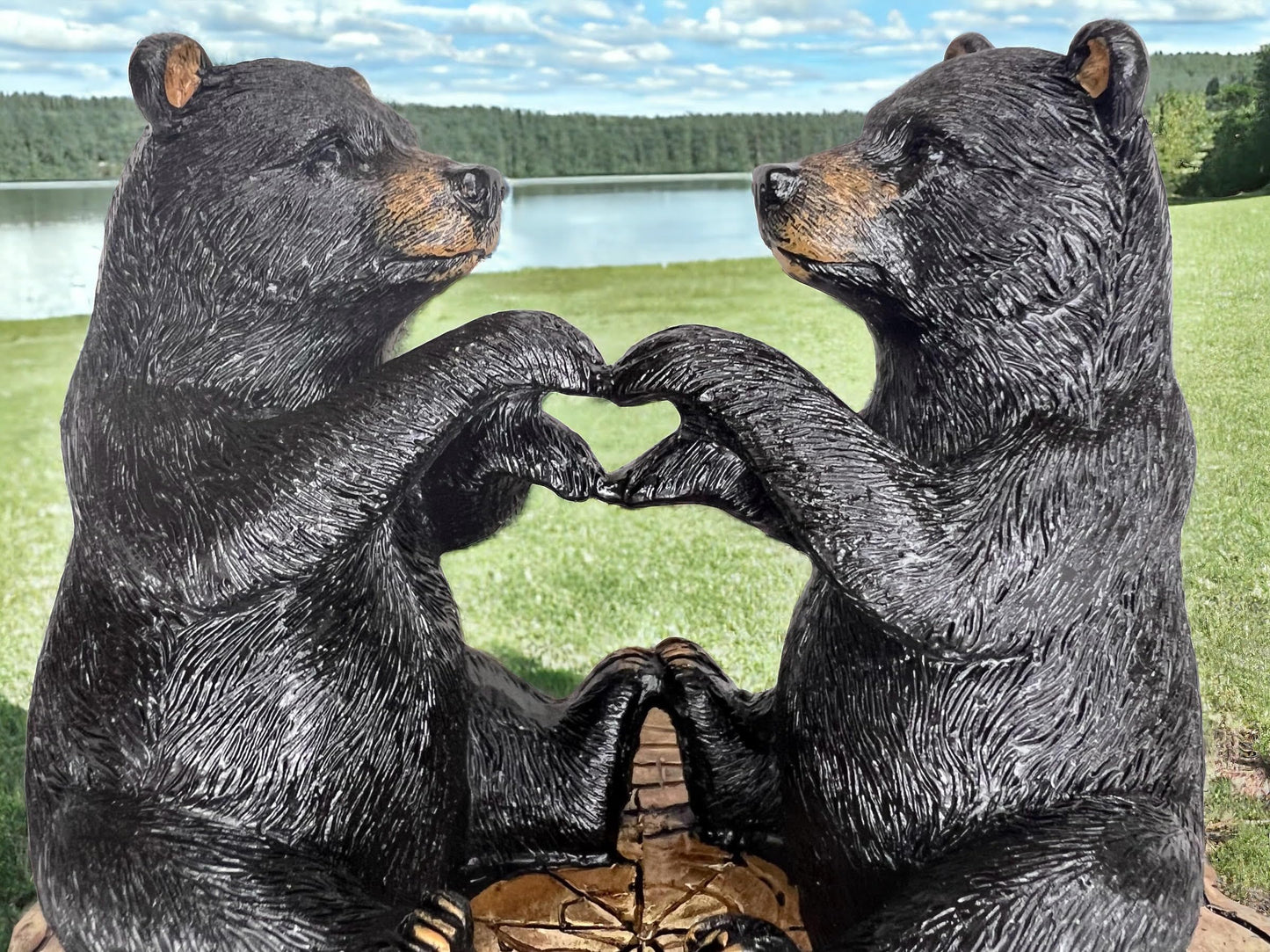 Two Black Bears Heart Hands Figurine – 6” Wide Whimsical Bear Couple I Love You Statue – Rustic Home, Cabin, Lodge, Office Decor