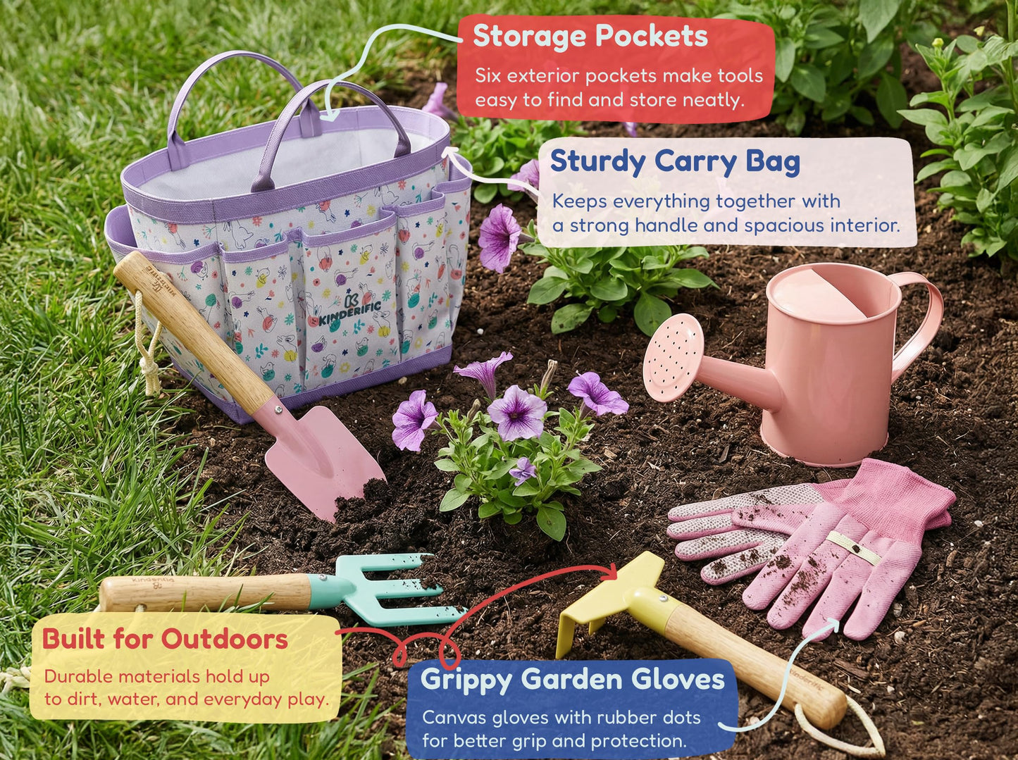 Kinderific Gardening Set, Tool Kit, for Kids, STEM, Includes Tote Bag, Spade, Watering Can, Rake, Fork, Trowel and Gloves, Egg Hunt