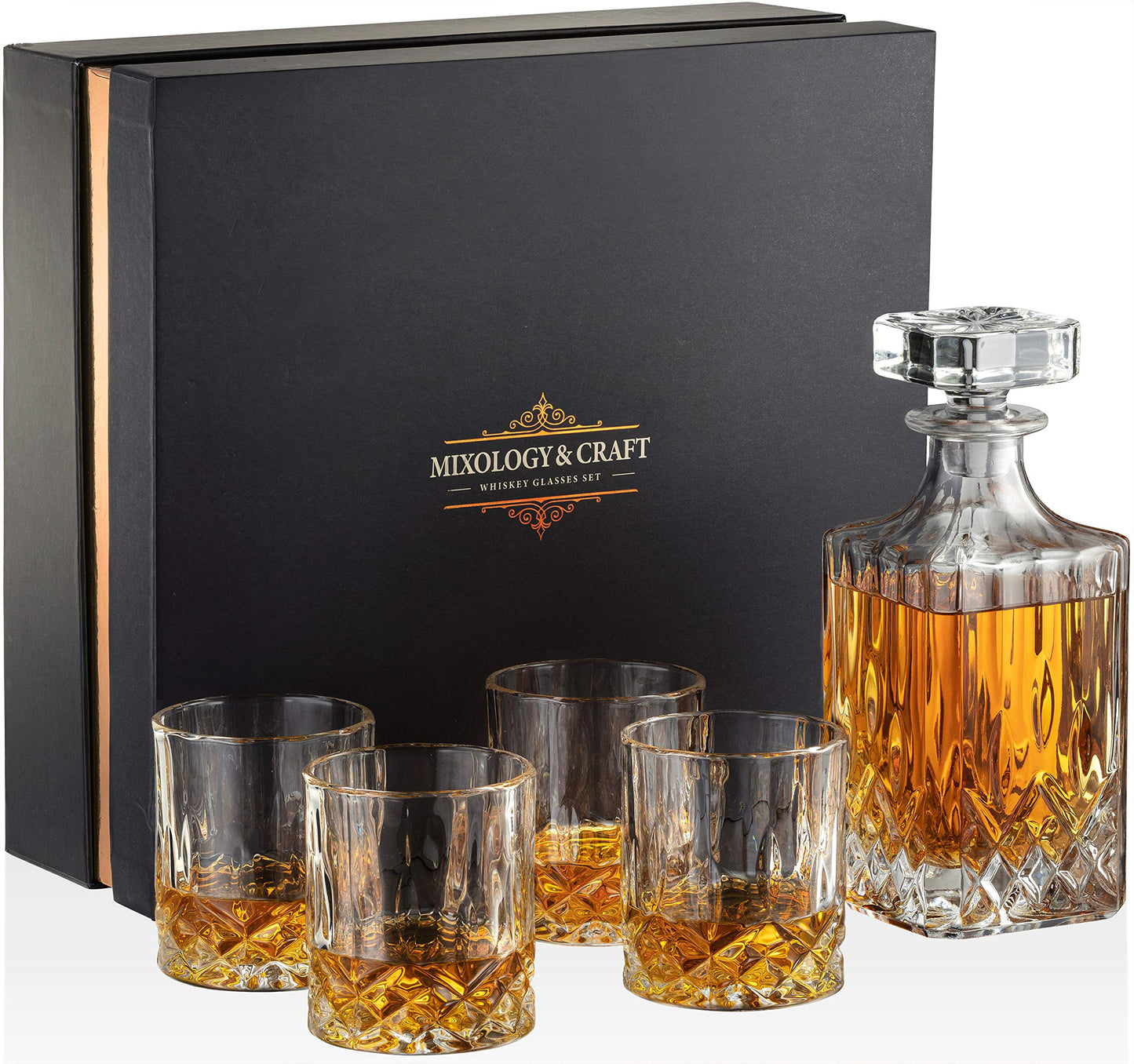 Mixology & Craft Luxury Whiskey Decanter Gift Set - 25oz Crystal Decanter, 4 Old-Fashioned Glasses, 4 Slate Coasters with Diamond Pattern Premium Black Gift Box