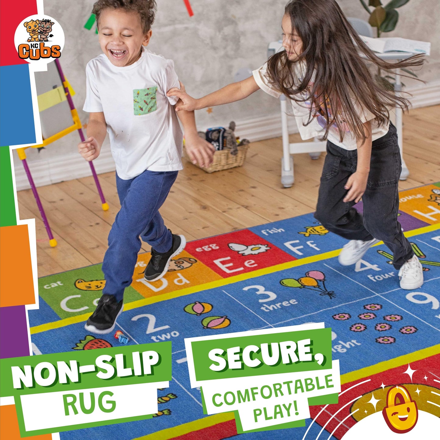 KC Cubs: Educational Rug: ABC Alphabet, Numbers & Shapes - 8x10' Playmat - Interactive Play, Activity Area Carpet, Bedroom-Classroom, Baby-Toddler-Kid