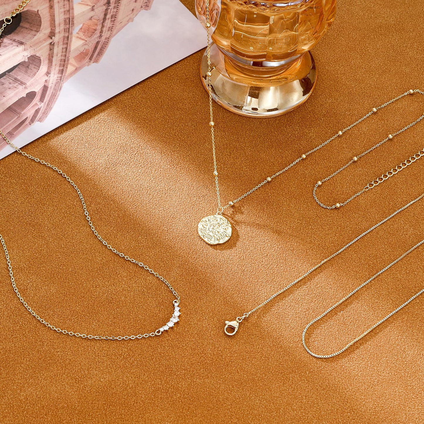 CHESKY 14K Gold Plated Layered Necklaces for Women,Dainty Stackable CZ Bar Disc Pendant Necklace Adjustable Layering Beads Box Chain Choker Necklace Gifts