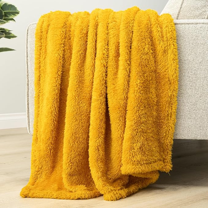 PAVILIA Sherpa Throw Blanket for Couch Sofa, Mustard Yellow Fluffy Warm Plush Blanket for Twin Bed, Cozy Super Soft Lightweight Throw, Fuzzy Decorative Blanket, All Season Home, 60x80