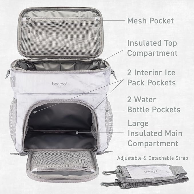 Bentgo Prep Deluxe Insulated Multimeal Bag - Lunch Box Bag, Holds 5 Meals, Premium Insulation up to 8 Hrs, Durable, Water-Resistant - Large Capacity For Adult Meal Prep (White Marble)