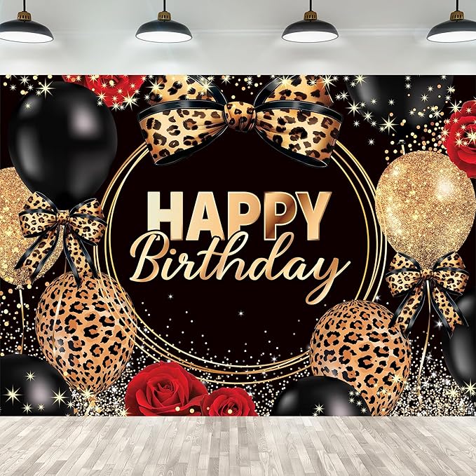 Homewelle Leopard Print Bow Happy Birthday Backdrop 8Wx6H Feet Polyester Fabric Black Gold Red Rose Cheetah Print Bownot Decoration Balloon for Women Girl Photography Background Photo Shoot Props