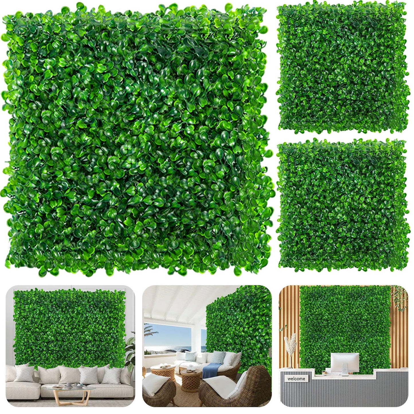 PLMMOUT 12 PCS Artificial Grass Wall Panels, 10"x10" Faux Hedge, Green, Modern Style, Polyethylene Material, Perfect for Indoor/Outdoor Decor