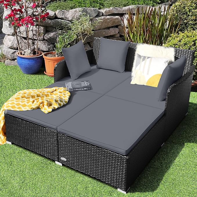HAPPYGRILL Outdoor Rattan Daybed Patio Loveseat Sofa Set with Padded Cushion Pillows and Sturdy Aluminum Foot Wicker Patio Furniture for Garden Porch Poolside