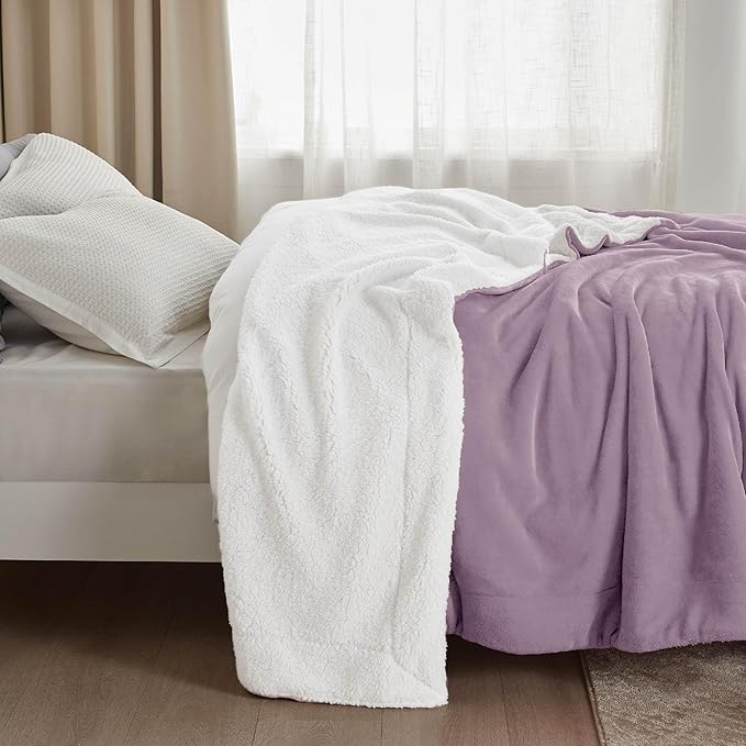 Bedsure Sherpa Fleece Blankets Queen Size for Bed - Thick and Warm, Soft Fuzzy Plush Queen Blanket for Winter, Sea Fog Purple, 90x90 Inches