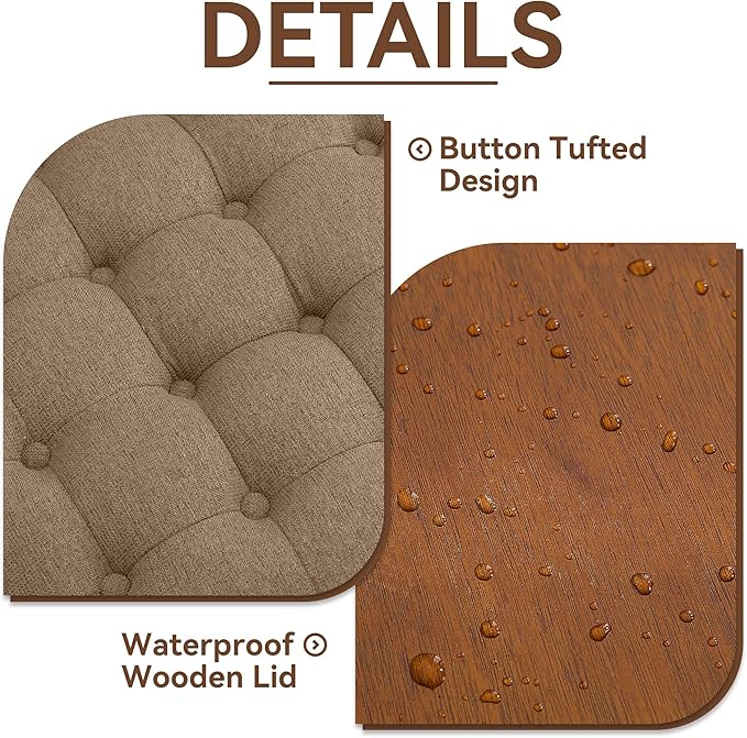 24Inch Round Storage Ottoman with Tray, Modern Tufted Fabric Circle Coffee Table with Storage, Upholstered Ottoman with Removable Top for Living Room, Bedroom, Brown