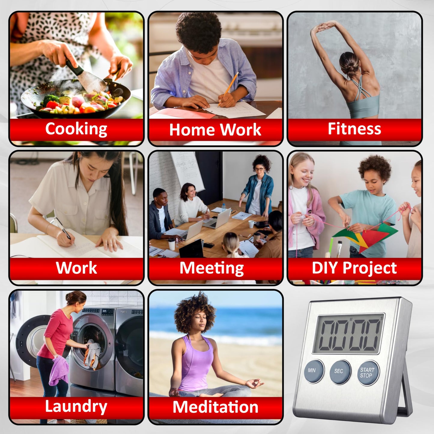 Digital Kitchen Timer for Cooking, Magnetic Countdown Timer with Loud 80dB Alarm, Large Display, Adjustable Stand, Auto Memory, Stop Watch for Classroom, Study, Kids - Silver
