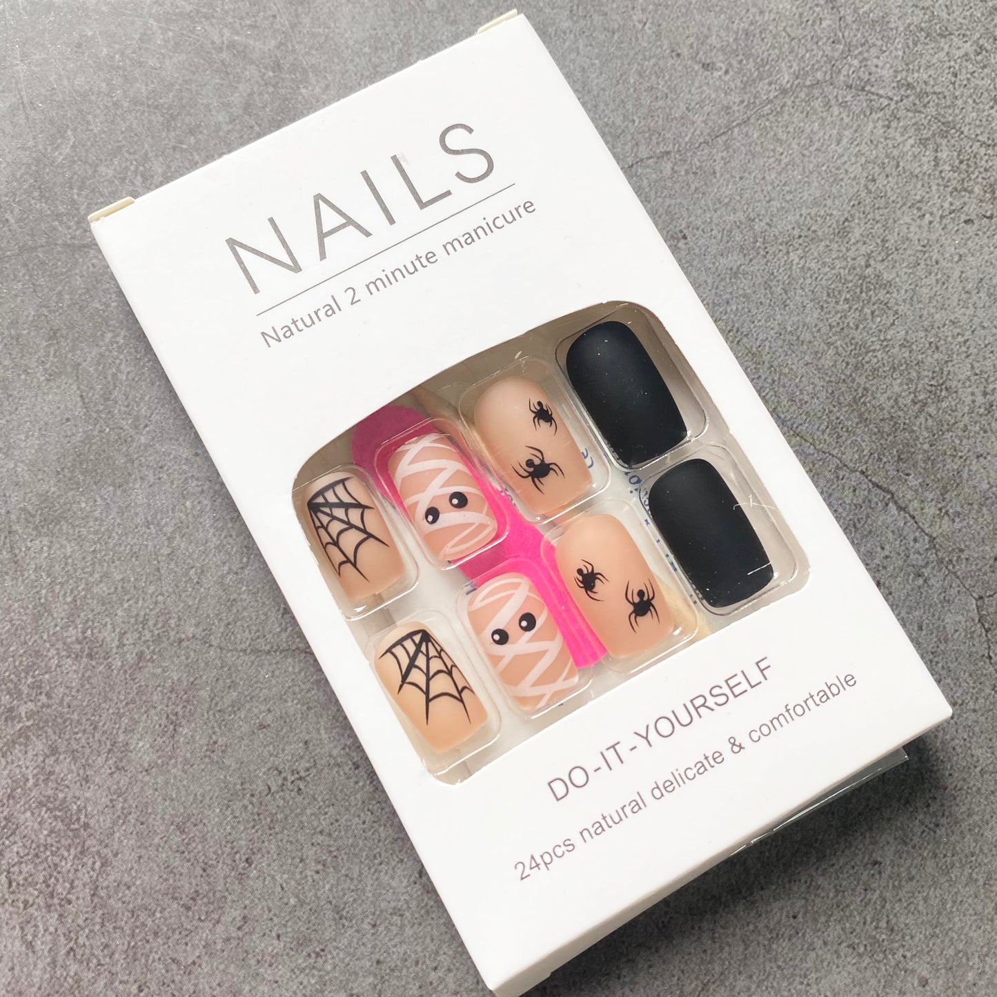 24pcs Black Halloween Press on Nail Short Square Fake Nails with Spiders Web False Nails Design Acrylic Glue Nails Stick on Nail Cute Artificial Nail for Women Party