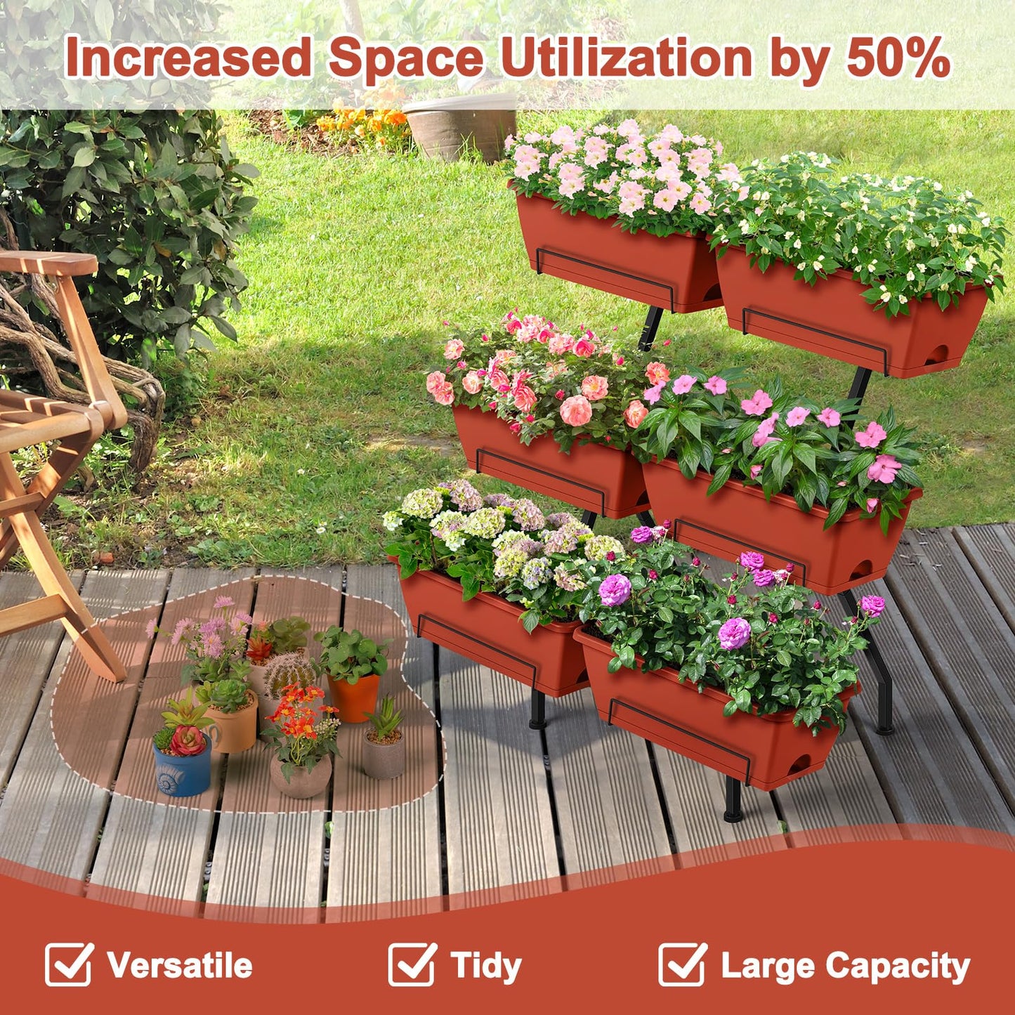 Raised Garden Beds Vertical Garden Planters Indoor Outdoor Standing Raised Planter Box with Legs, Plastic Raised Bed Tiered Planter Boxes Elevated Herb Flower Beds for Vegetables, Balcony, Patio, Red