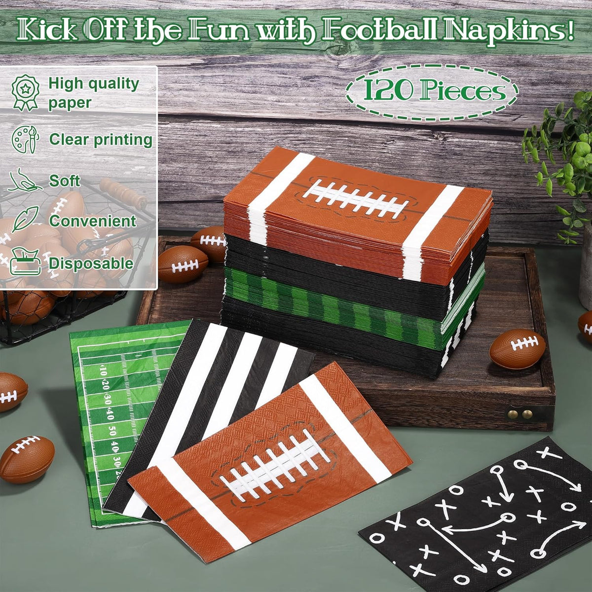 120 Count Football Party Napkins, 3-Ply Paper, Black, White, 4.33 x 7.87 Inch, Football Party Decorations