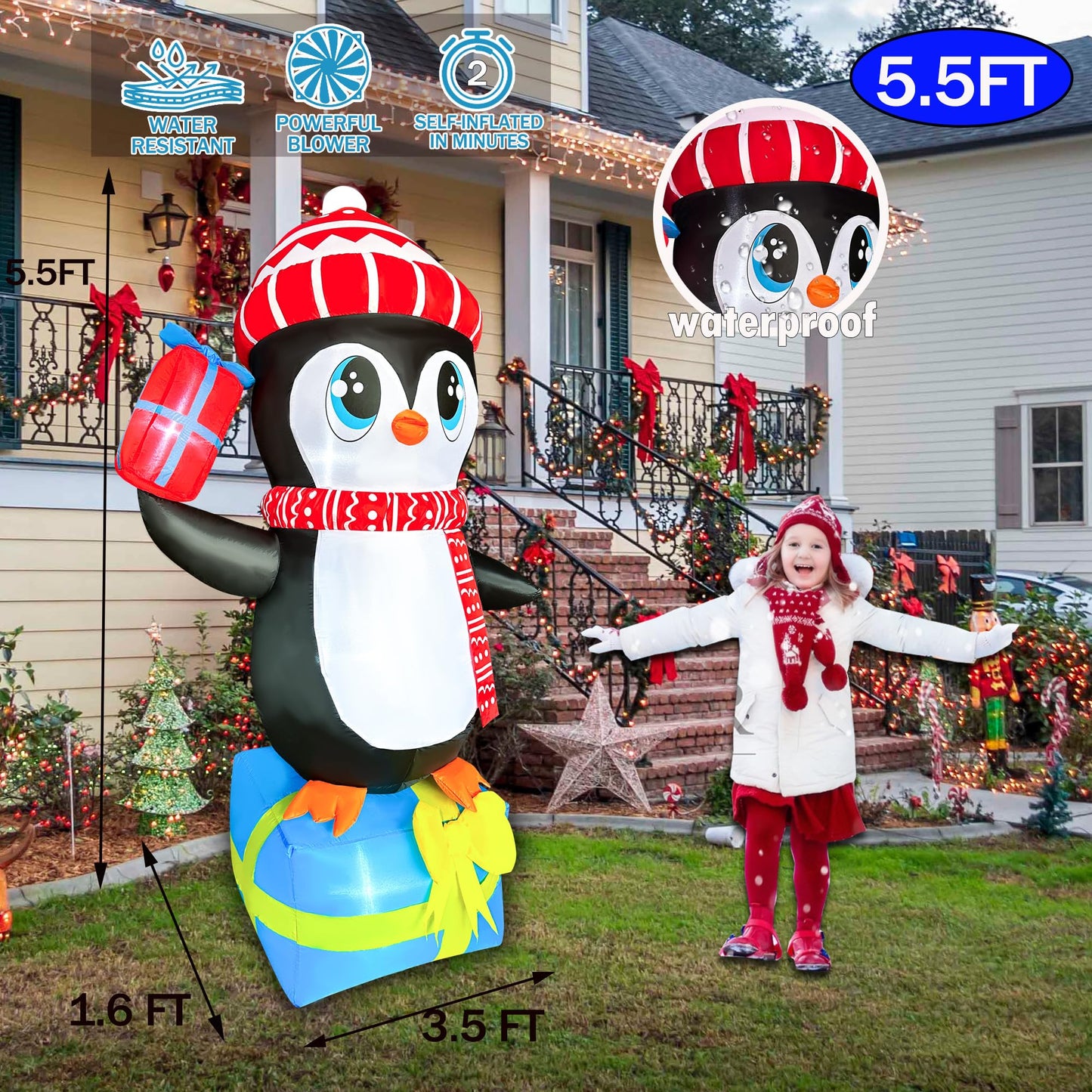 JOYEASE 5.5 FT Christmas Inflatables Penguin with Gift Boxes Decoration, LED Lighted Christmas Blow up Yard Decorations for Party Indoor Outdoor Garden Lawn Decor Xmas Inflatables Present