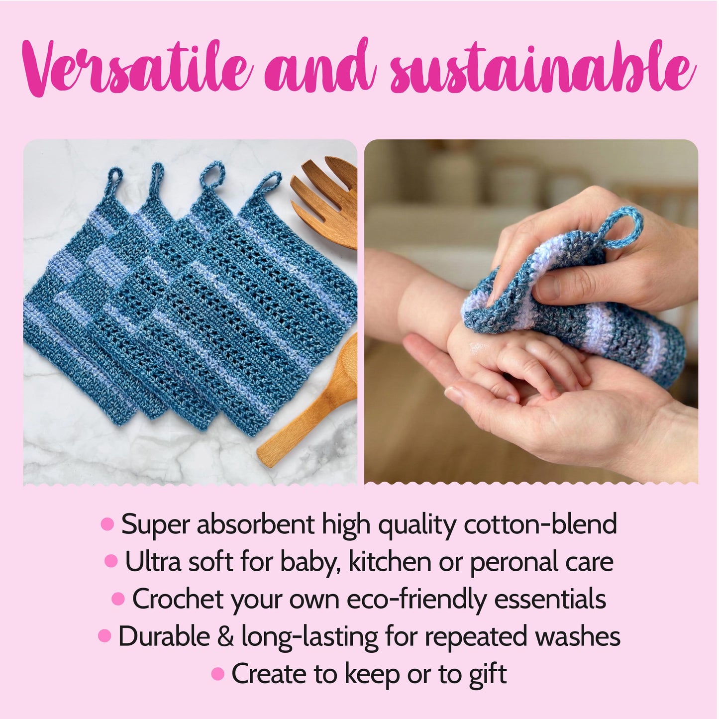 KnitPal Everyday Joy Crochet Kit for Confident Beginners – Make 4 Reusable 7.5 x 7.5 in Dishcloths – with Cotton to The Core Yarn (#3 DK), Hook, Patterns & Video Tutorials (Jean Blue + Sky Blue)