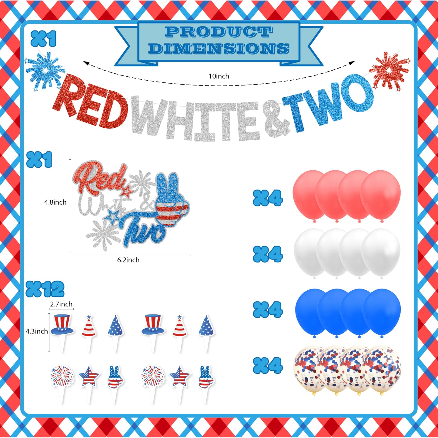 Red White & Two Birthday Decorations - 4th of July 2nd Birthday Decorations for Kids With Banner Cake Topper Cupcake Toppers Balloons