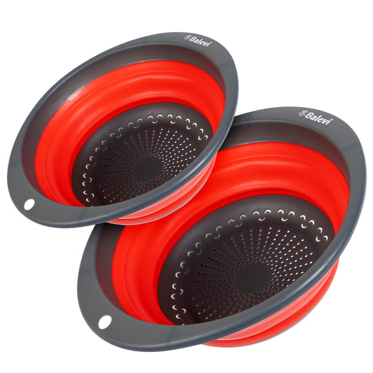 "Balevi Collapsible Strainers for Kitchen - Collapsible Colander Set of 2 Made of Silicone - Collapsible Strainer with Little Pegs to Keep Food Elevated - Red "
