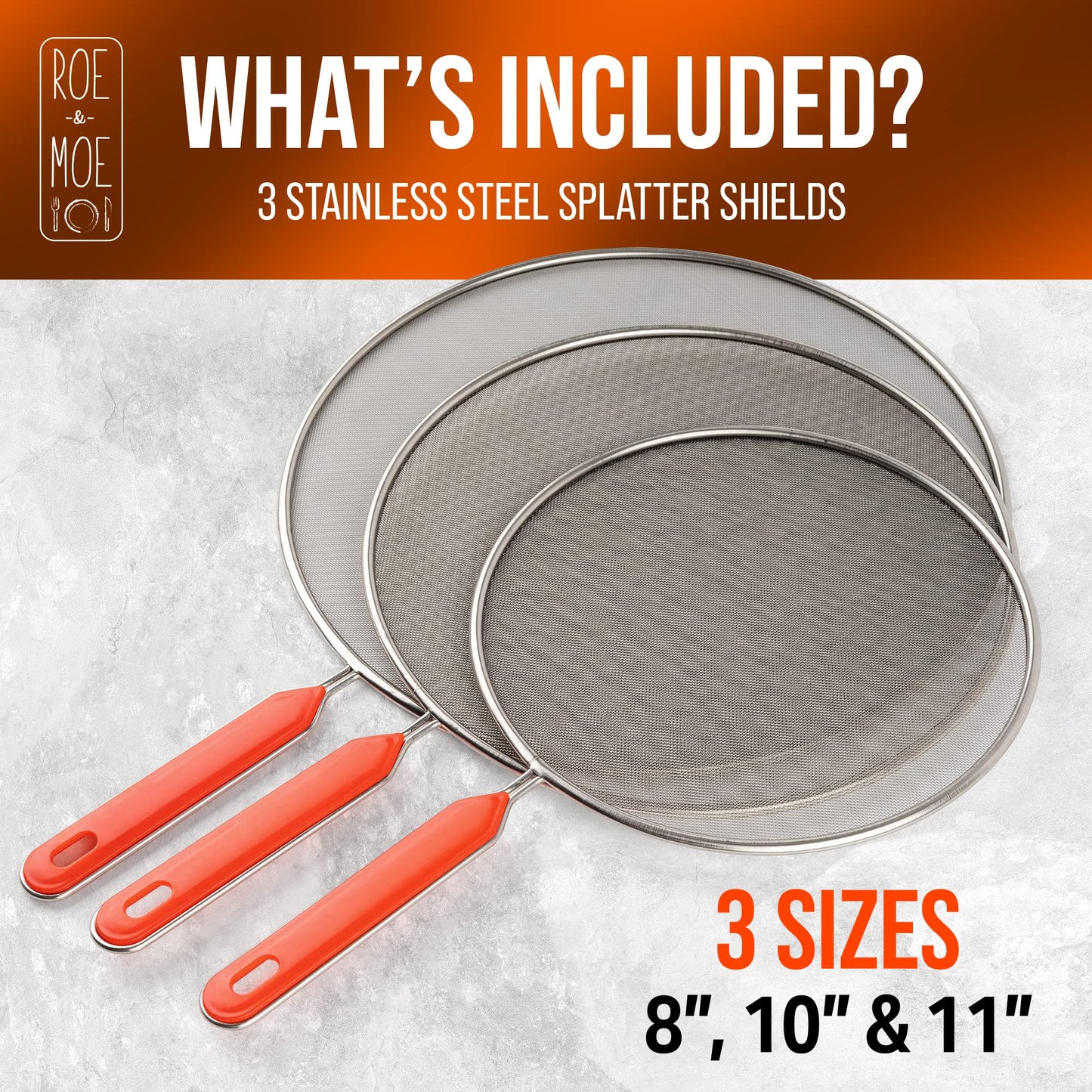 Roe & Moe Splatter Screens - Stainless Steel Splatter Screens for Frying Pan with Insulated Handles - Grease Splatter Guards For Frying Pan that Lets You Create Masterpieces with Ease (Pack of 3)