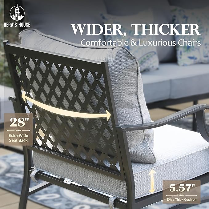 HERA'S HOUSE 5 Pieces Patio Furniture Set, 2 x Cushioned Rocking Chair, 2 x Ottoman, 1 x 3-Seat Sofa, All Cushioned 7 Seats Outdoor Conversation Set for Lawn Garden Backyard, Grey