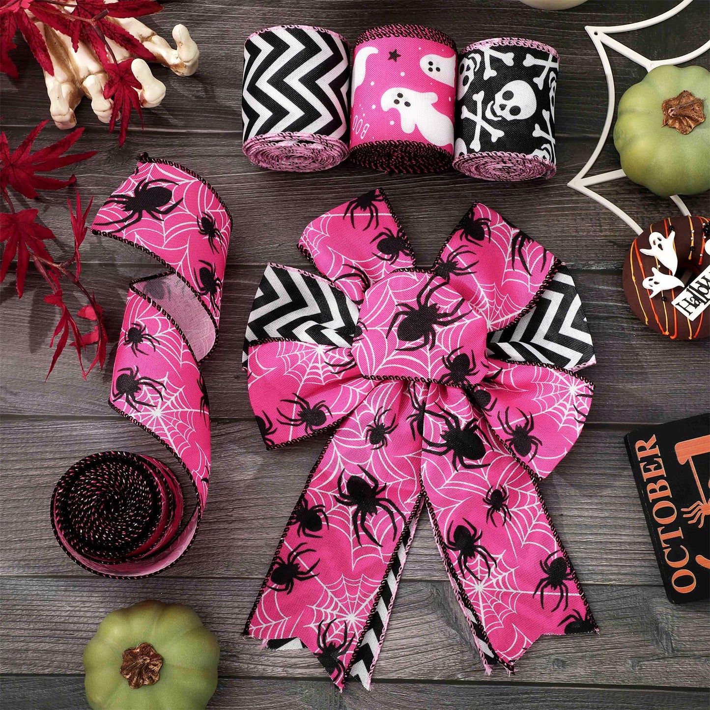 JarThenaAMCS Halloween Wired Edge Ribbons Ghost Skull Fabric Ribbons Pink Black Wrapping Ribbons for DIY Crafts Wreath Bow Making Supplies, 4 Rolls, 24 Yard
