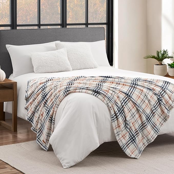Lucky Brand Camper Plaid Beige 50"X70" Cozy Plush Blanket - Premium Microfiber Throw for Luxurious Comfort and Style