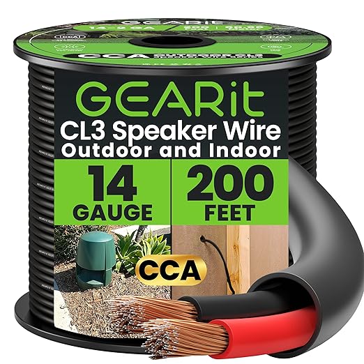 GEARit Outdoor Speaker Wire CL3 Rated, 14 Gauge Speaker Wire, Speaker Cable 200 ft for Outdoor Speakers, Patio, Garden, Backyard Audio, Direct Burial in Ground/in Wall, CCA (Black, 2-Conductors)