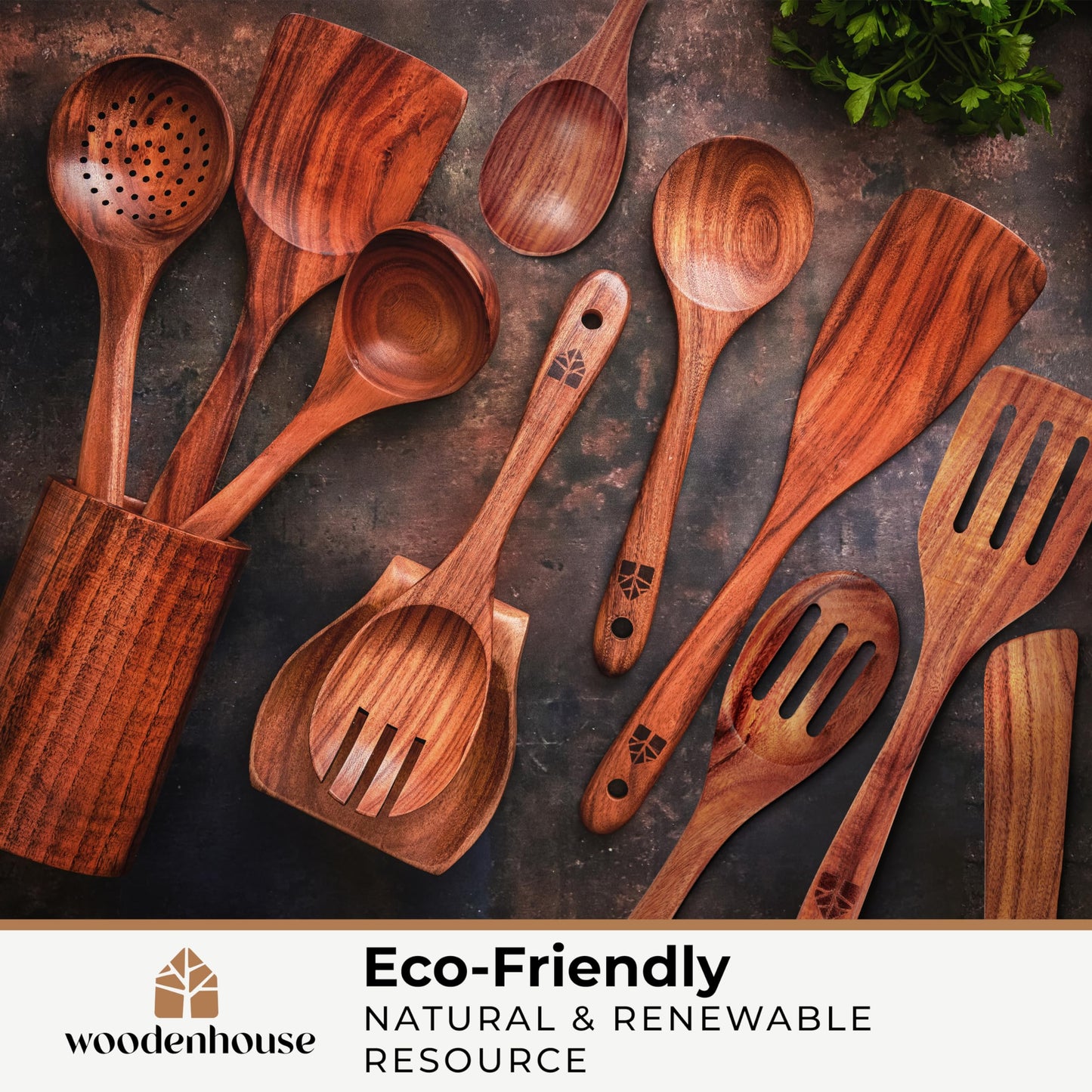 Wooden Spoons for Cooking – 12 Pcs Teak Wooden Utensil Set, Cooking Utensils Set with Holder, Hooks & Spoon Rest - Heat Resistant, Durable, Nonstick Safe Kitchen Cookware
