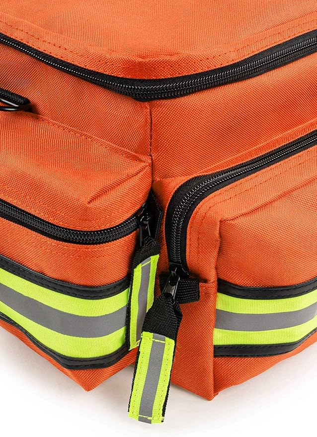 Scherber First Responder Fully-Stocked Professional Essentials EMT/EMS Trauma Kit | HSA/FSA Approved | Reflective Bag w/8 Zippered Pockets & Compartments & 200+ First Aid Supplies - Orange