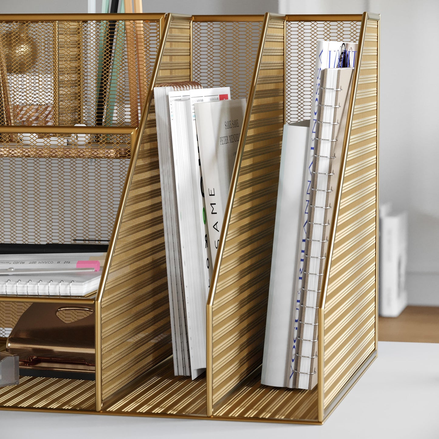 Martha Stewart Ryder Gold Mesh Metal Large Desktop Organizer with Magazine File Holder, Pen Holder, and Storage