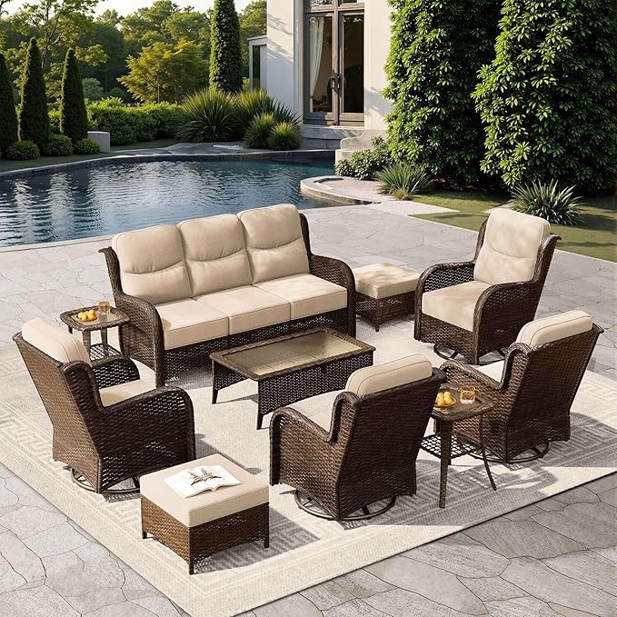 HILLGA Luxury Patio Furniture Set with 6-Inch Thick Cushions, High Back Outdoor Swivel Rocker Chairs and Patio Couch, 10-Piece All Weather Conversation Set for Porch Deck Pool Yard, Beige (V3)