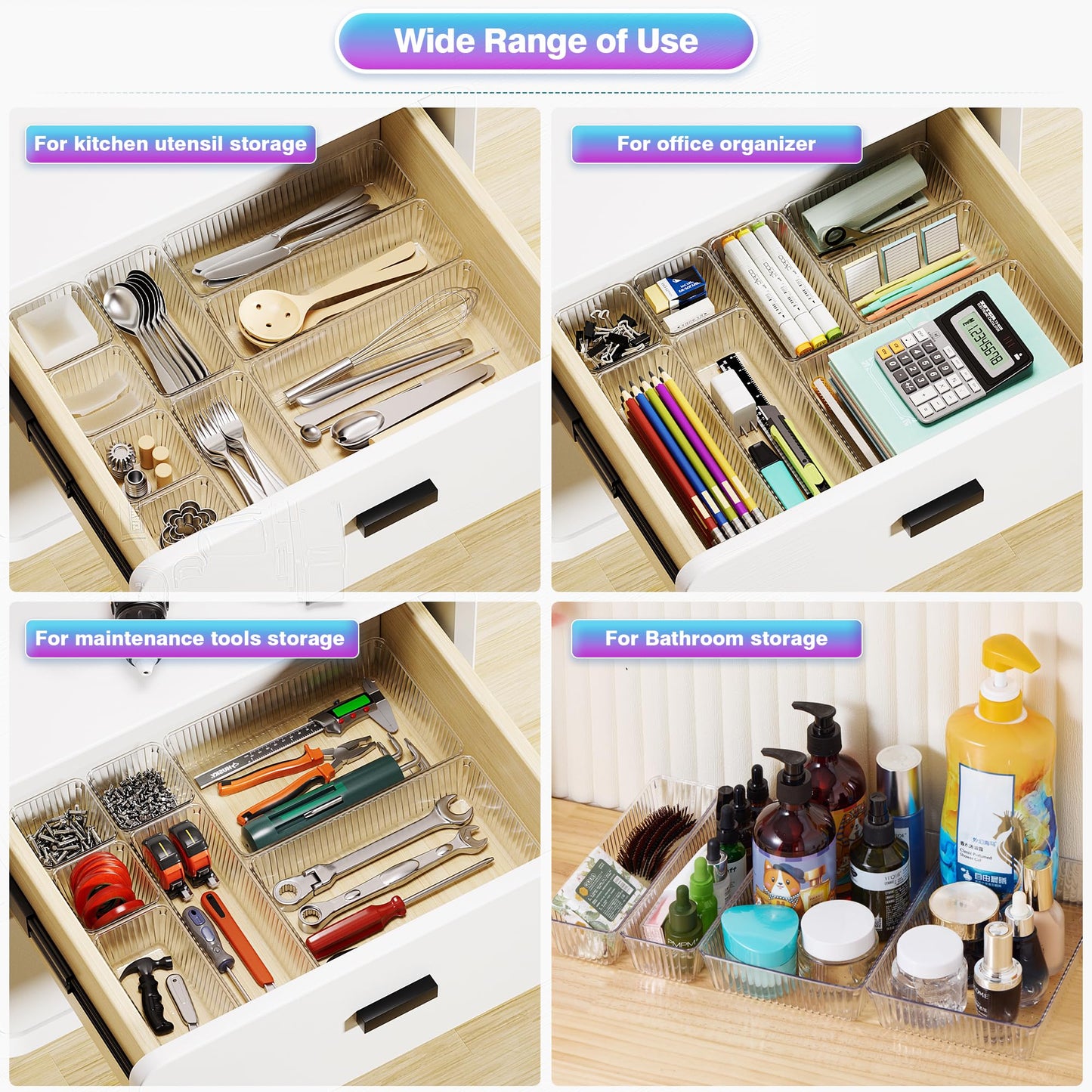 Okylvve 25 PCS Clear Plastic Drawer Organizer Set - 4 Sizes Makeup Organizer Desk Drawer Divider Bathroom Organizers and Storage Bins for Makeup, Jewelry, Gadgets, Office, Kitchen, Bedroom, Bathroom