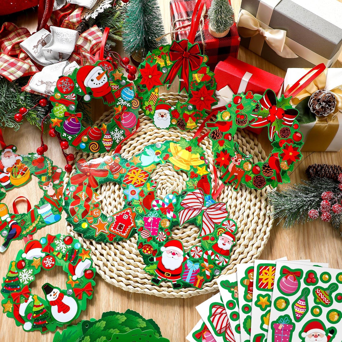 Fullhawl 48 Set Christmas Wreath Craft Kits DIY Christmas Photo Frame Ornament with Assorted Stickers Make You Own Wreath Crafts for Boys Girls Church Favor Home Classroom Xmas Gift
