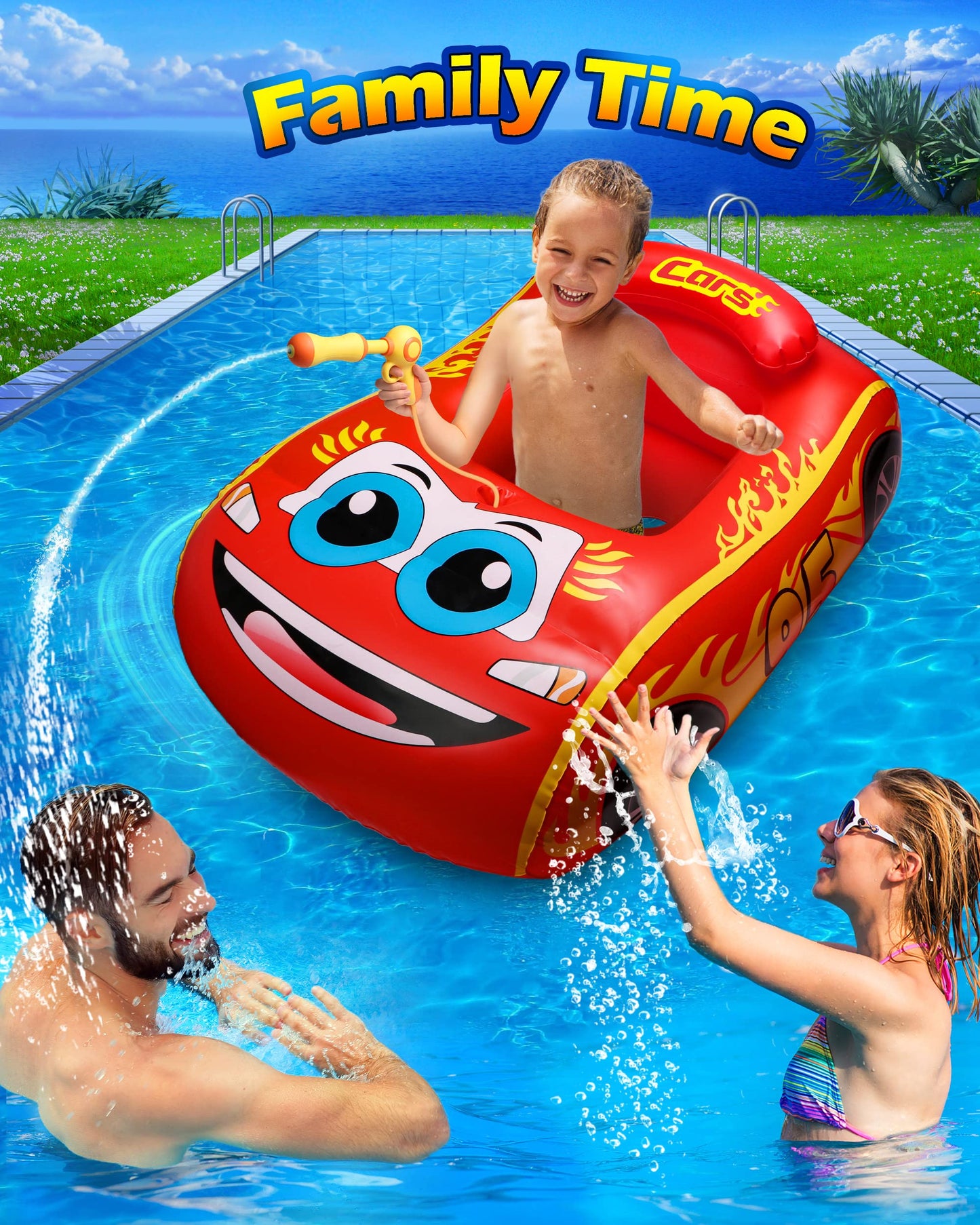 HopeRock Kids Pool Float with Water Gun - Inflatable Ride-on Swimming Toy for Boys Aged 3-8, Summer Fun (Red)