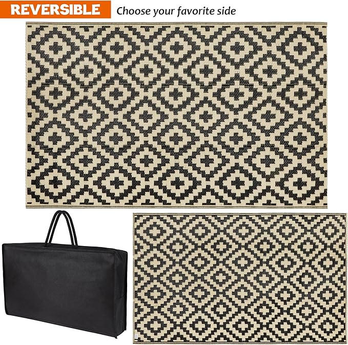 SAND MINE Reversible Mats, Plastic Straw Rug, Modern Area Rug, Large Floor Mat and Rug for Outdoors, RV, Patio, Backyard, Deck, Picnic, Beach, Trailer, Camping (3' x 5', Black & Beige Lattice)