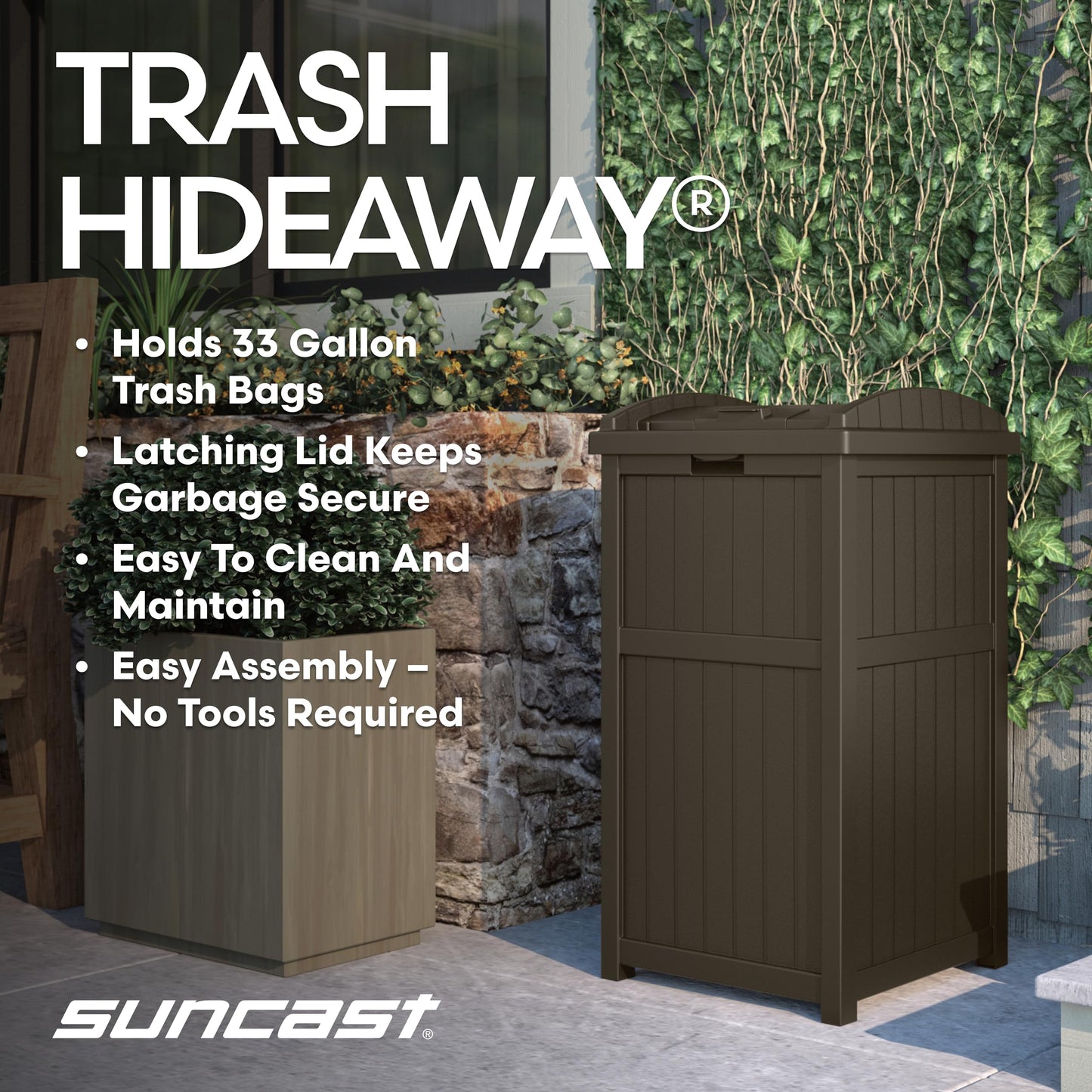 Suncast 33 Gallon Durable resin Hideaway Outdoor Garbage Can with Secure Lid and Wicker Design for Home Backyards, Decks, or Patios, Java Brown