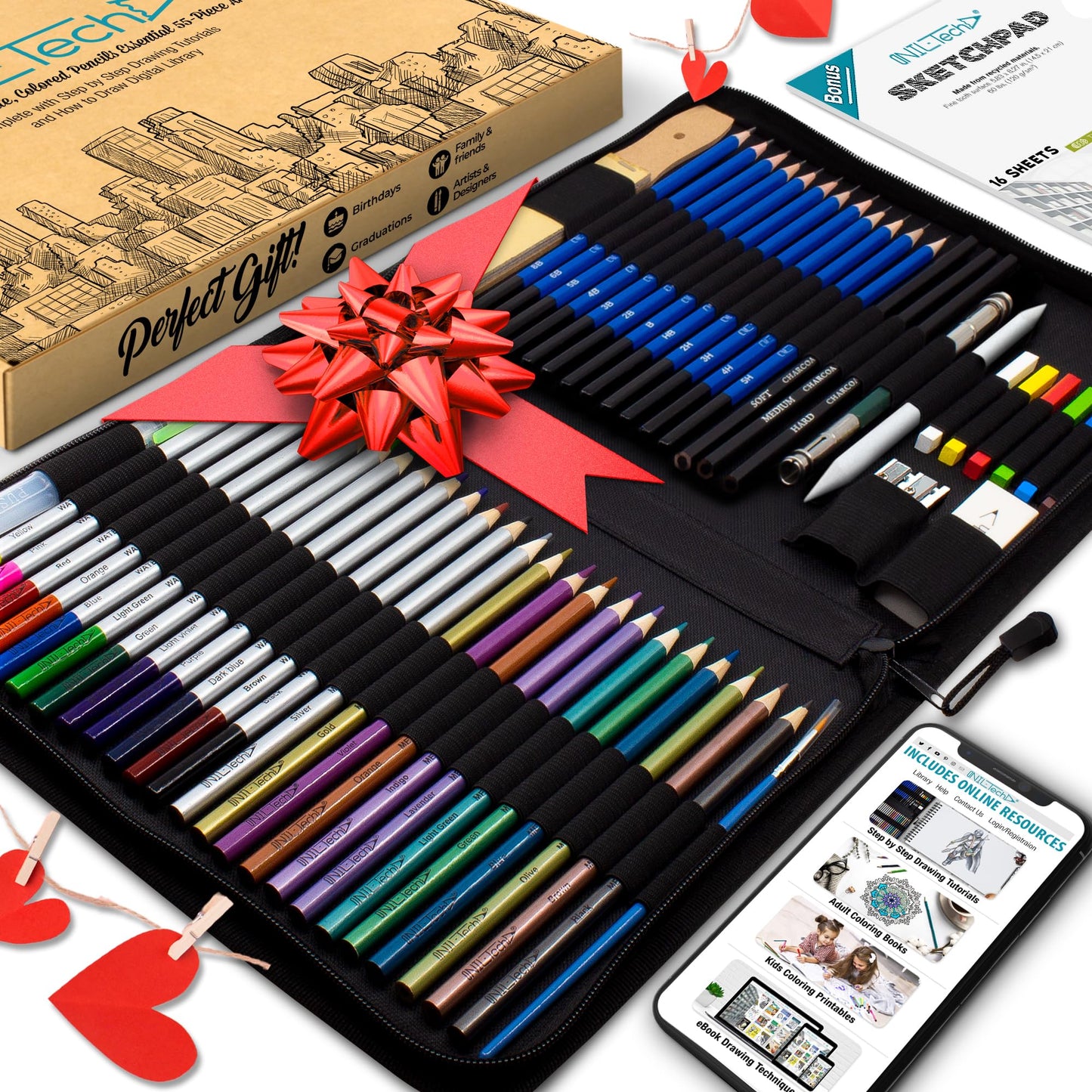 NIL - TECH 55-Piece Drawing Pencil Set – Colored, Graphite & Charcoal Pencils with Case & eBook – Art Supplies Kit for Beginners, Students & Adults – Sketching, Shading & School Gift Set