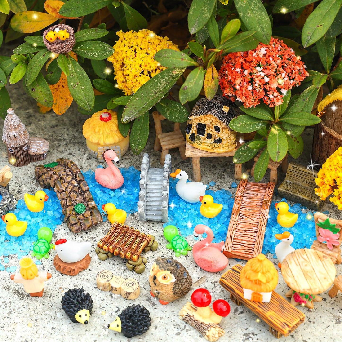 Ailefentene 84 Pcs Fairy Garden Accessories, Miniature Village Starter Kit with Moss Model Tree Tiny Resin Animal Figures, DIY Bonsai Micro Landscape Ornament for Terrarium Succulent Dollhouse Craft